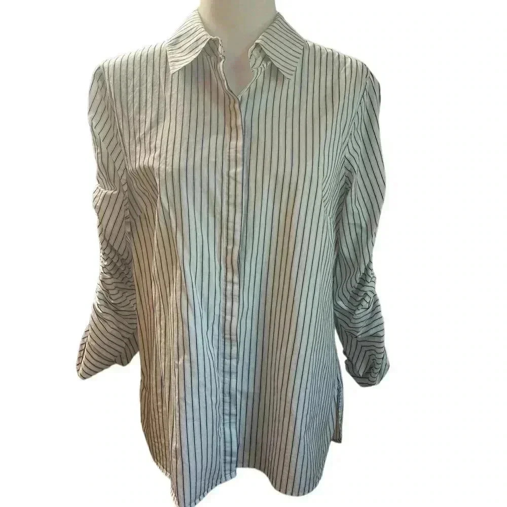 CAbi Linear Shirt Classic Black White Stripe Long Ruched Sleeves size M - Picture 6 of 8